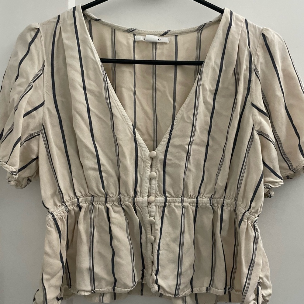 O'Neill Cream V-Neck Button-Front Peplum Top with Navy Stripes